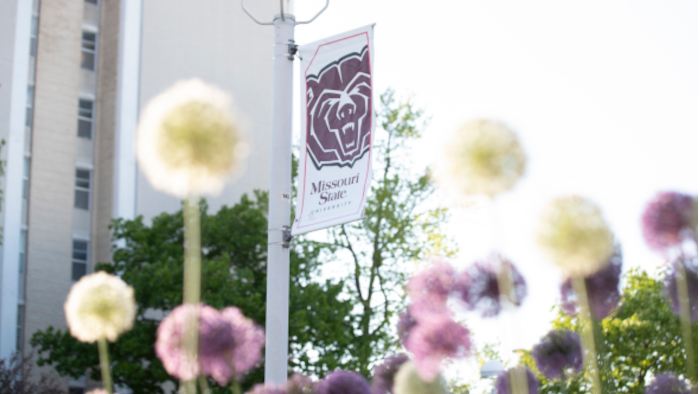 A banner with the text "Missouri State" on a campus light pole.